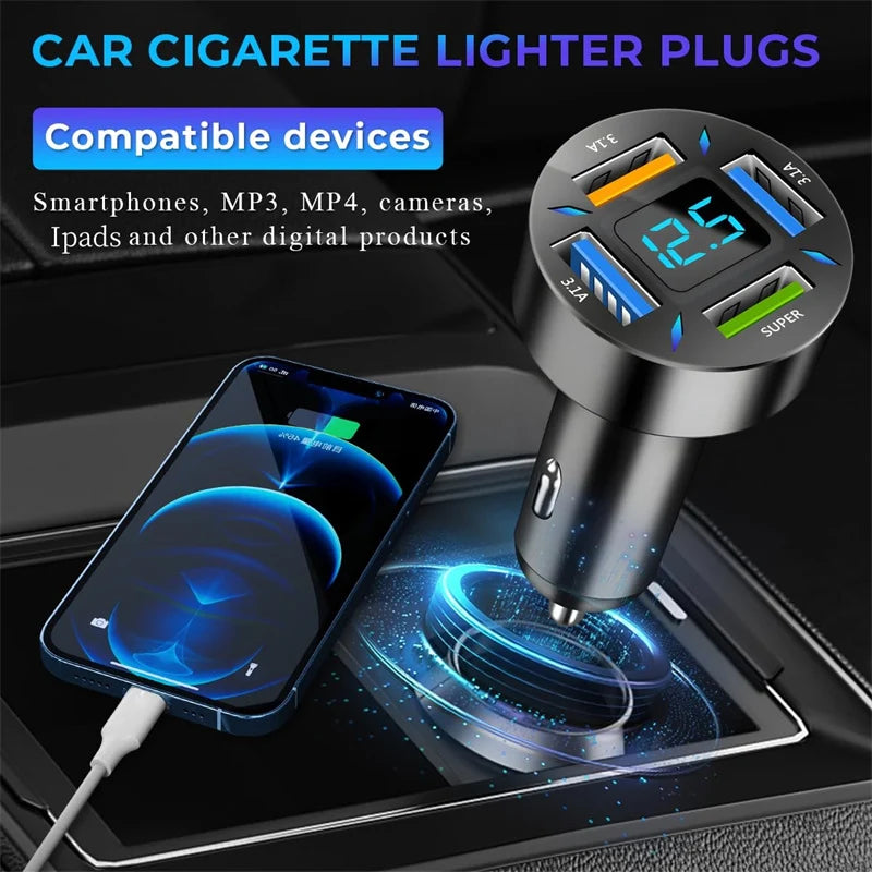 4-Port Super Fast Car Charger with Digital Voltmeter