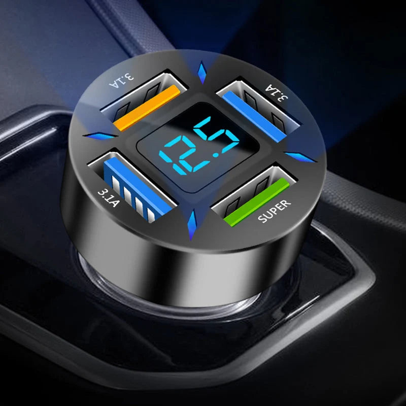 4-Port Super Fast Car Charger with Digital Voltmeter