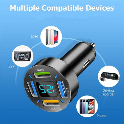 4-Port Super Fast Car Charger with Digital Voltmeter