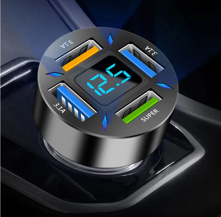 4-Port Super Fast Car Charger with Digital Voltmeter
